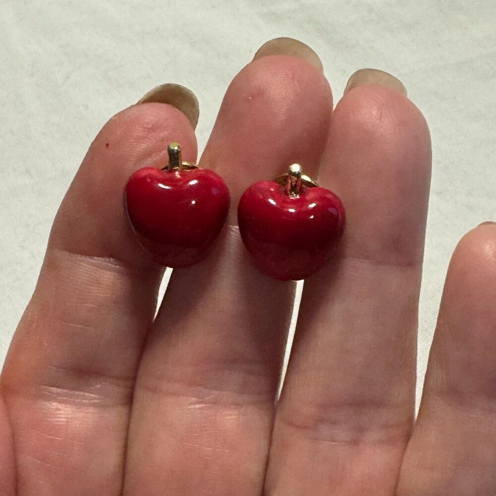 Vintage Red Enamel cherry/apple clip on Earrings Gold Tone Metal Mid Century